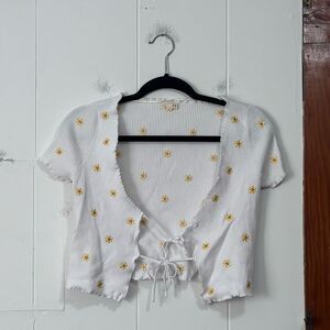 La Hearts White and Yellow Ribbed Daisy Tie-Front Crop Top XS